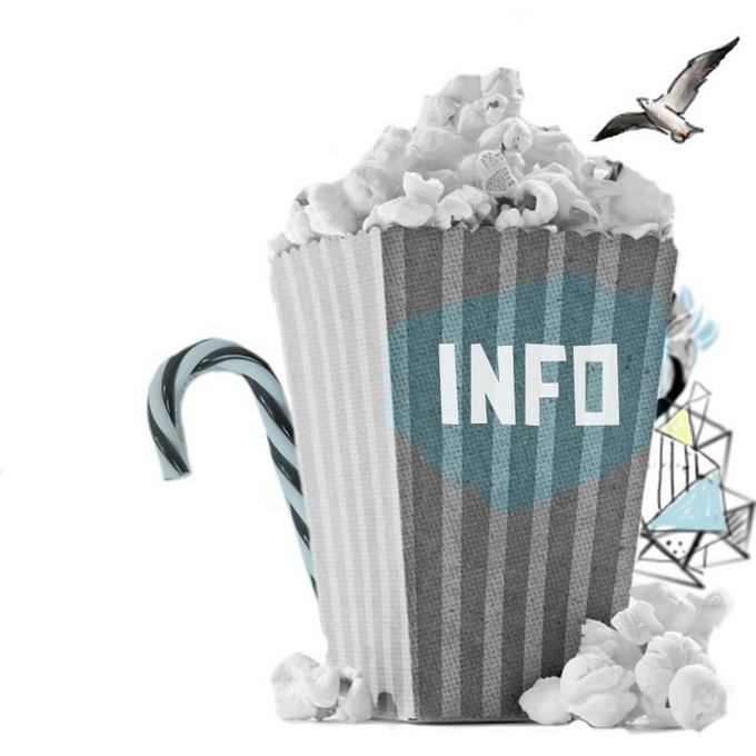 Schwarz-weiß Grafik mit einer Popcorn-Tüte und einer Zuckerstange