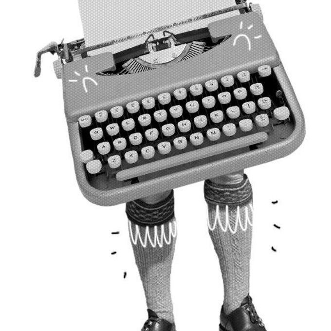 Schwarz-Weiß Grafik mit einer Schreibmaschine auf zwei Beinen