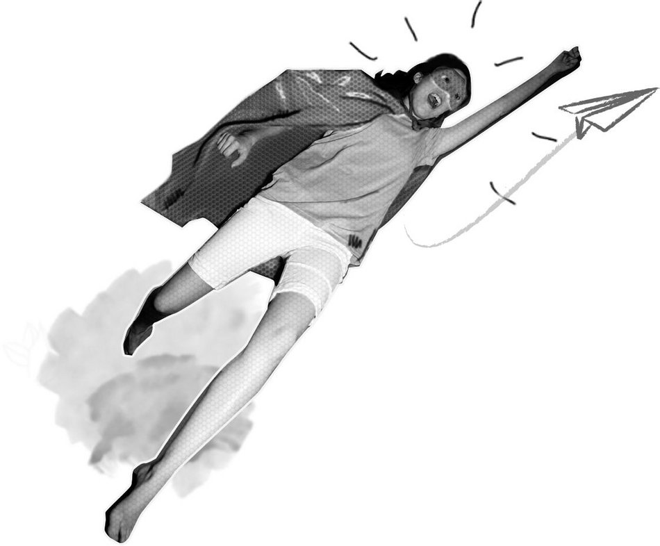 Schwarz-Weiß Grafik mit einer Frau in Superhelden-Pose