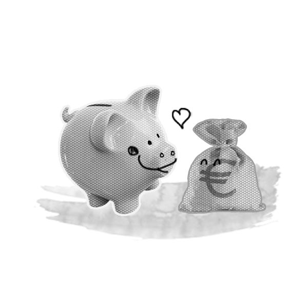 Schwarz-weiß Grafik mit einem Sparschwein und einem Beutel